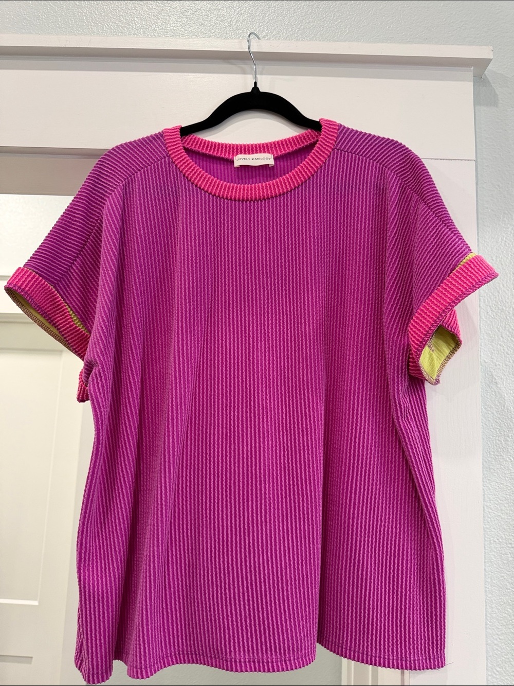 Lovely Melody Hot Pink Short-Sleeve Ribbed Top with Lime Trim